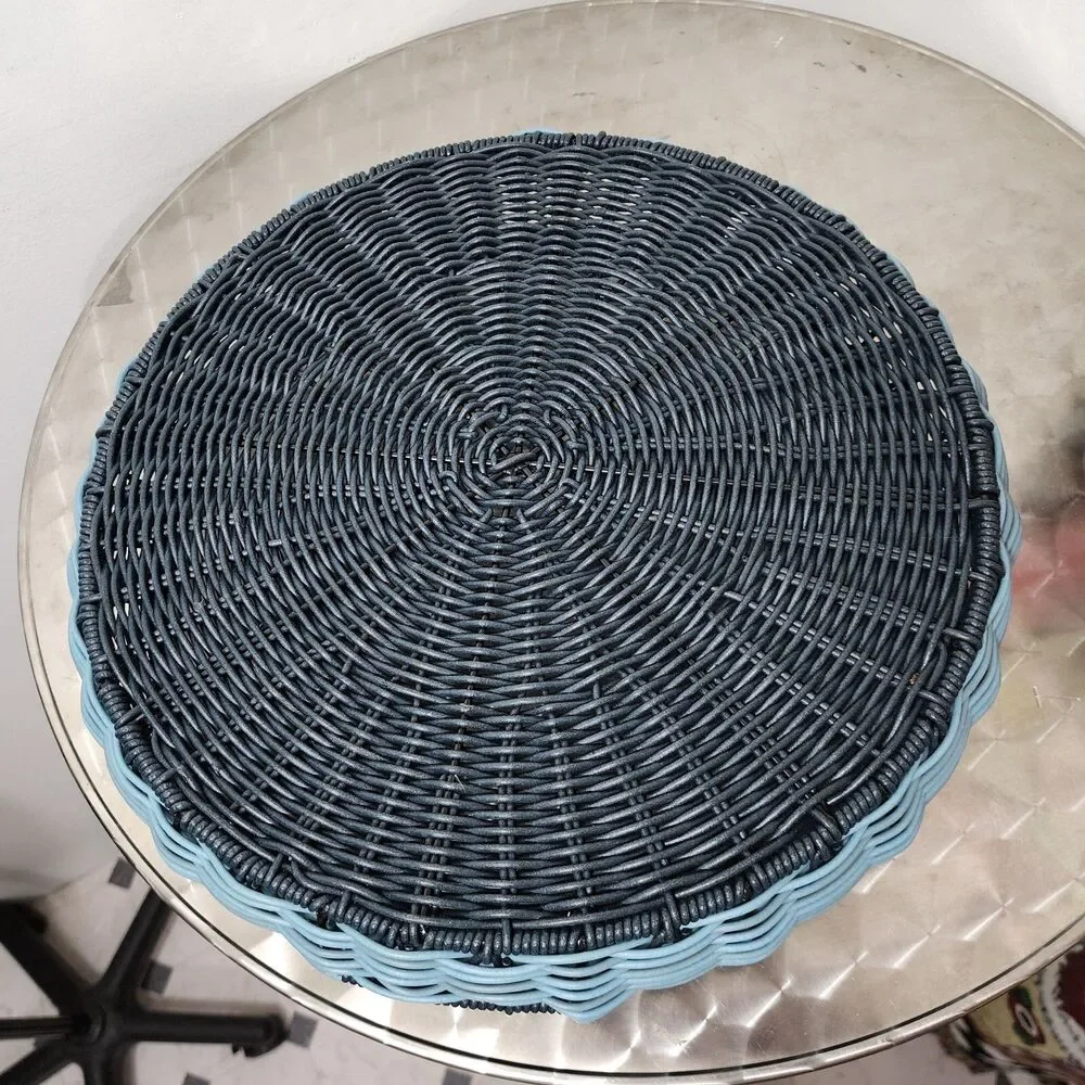 Round Two Tone Wicker Serving Tray Cutout Handles Blue Black Rattan Basket 14 in